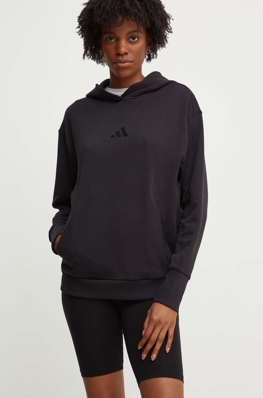 Βαμβακερή μπλούζα adidas All SZN γυναικεία, χρώμα: μαύρο, με κουκούλα, IW1026