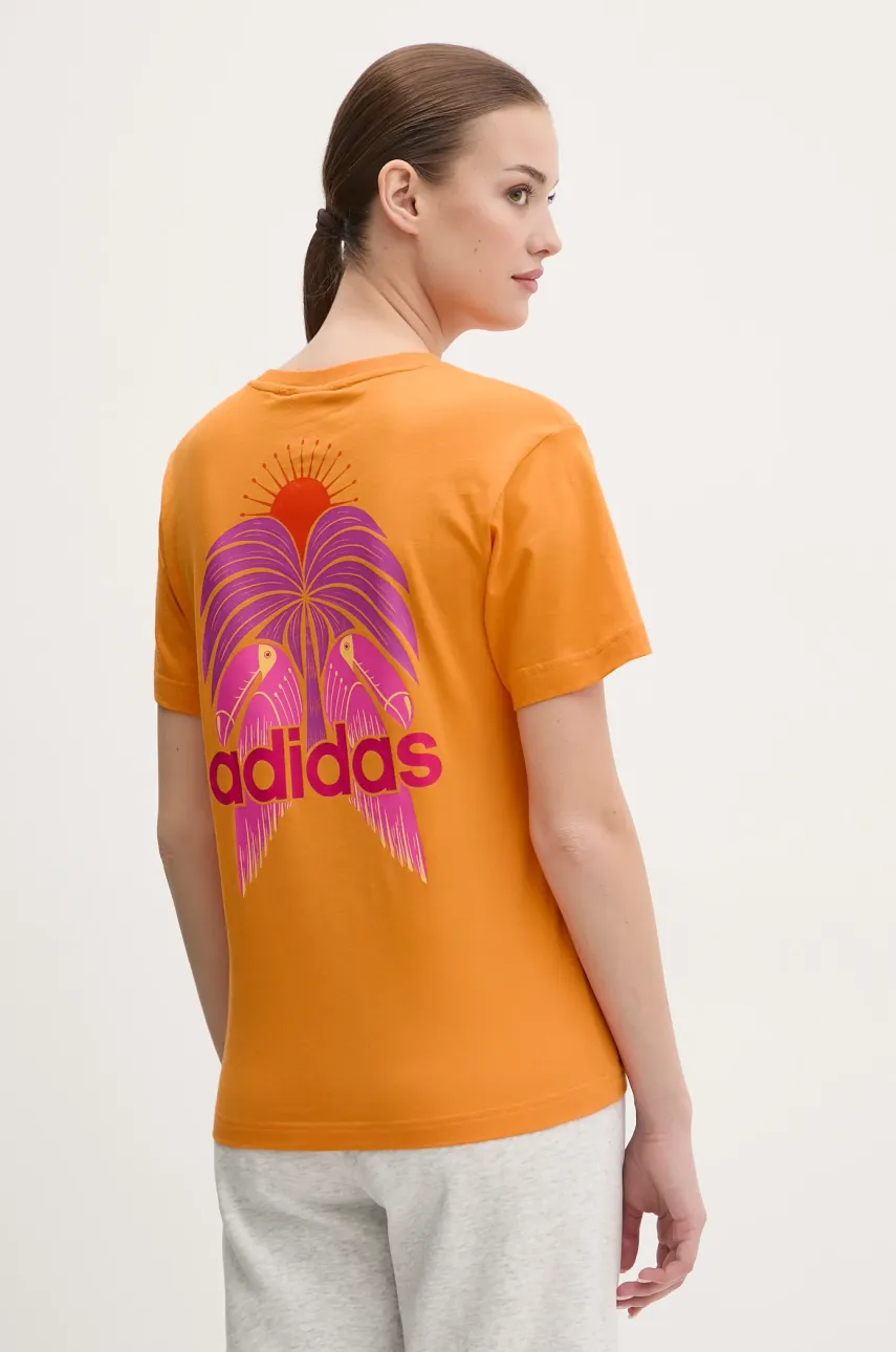 Βαμβακερό μπλουζάκι adidas x Farm Rio γυναικείο, χρώμα: πορτοκαλί, JD6293