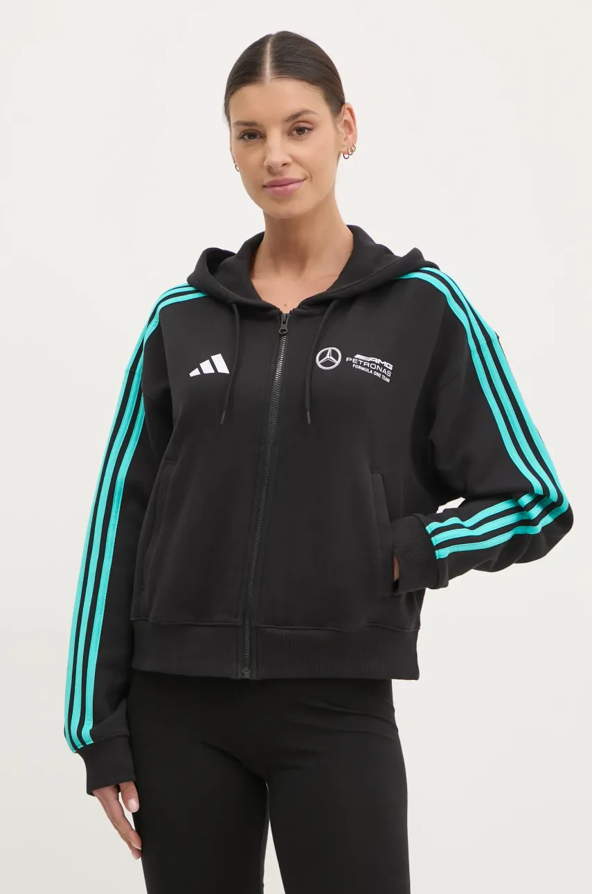 Βαμβακερή μπλούζα adidas x Mercedes γυναικεία, χρώμα: μαύρο, με κουκούλα, JV5436