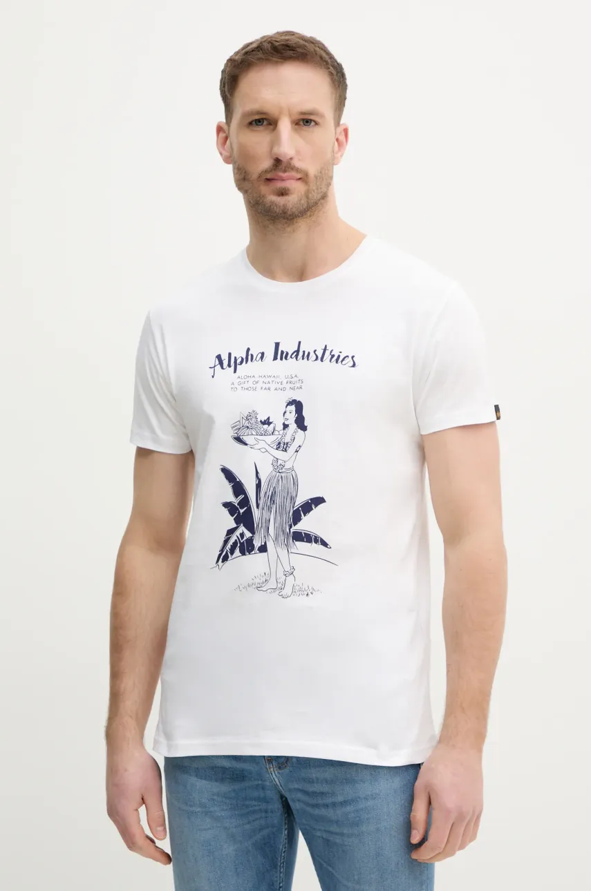 Βαμβακερό μπλουζάκι Alpha Industries Alpha Hawaii T ανδρικό, χρώμα: άσπρο, 156525