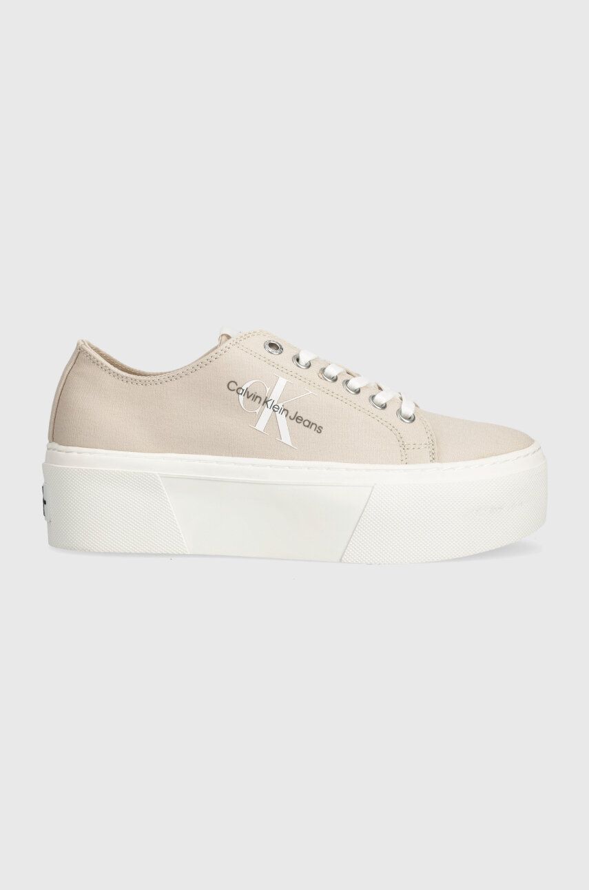 Πάνινα παπούτσια Calvin Klein Jeans FLATFORM+ CUPSOLE LOW TXT FLATFORM+ CUPSOLE LOW TXT χρώμα: μπεζ, YW0YW01033 YW0YW01033