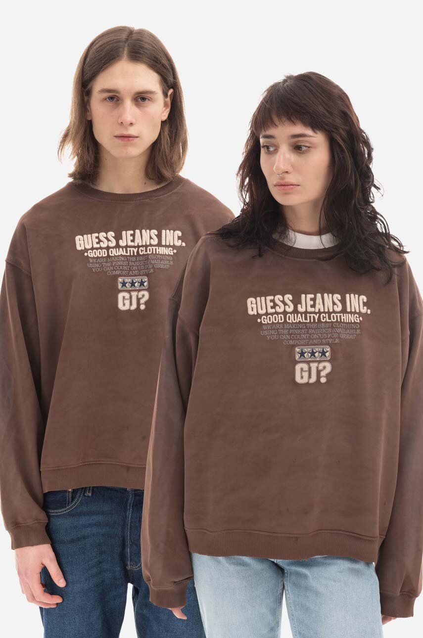 Βαμβακερή μπλούζα Guess χρώμα: καφέ, Bluza GUESS USA Crewneck Sweatshirt M2BQ03KBB40 A118 F3M2BQ03KBB40 A118