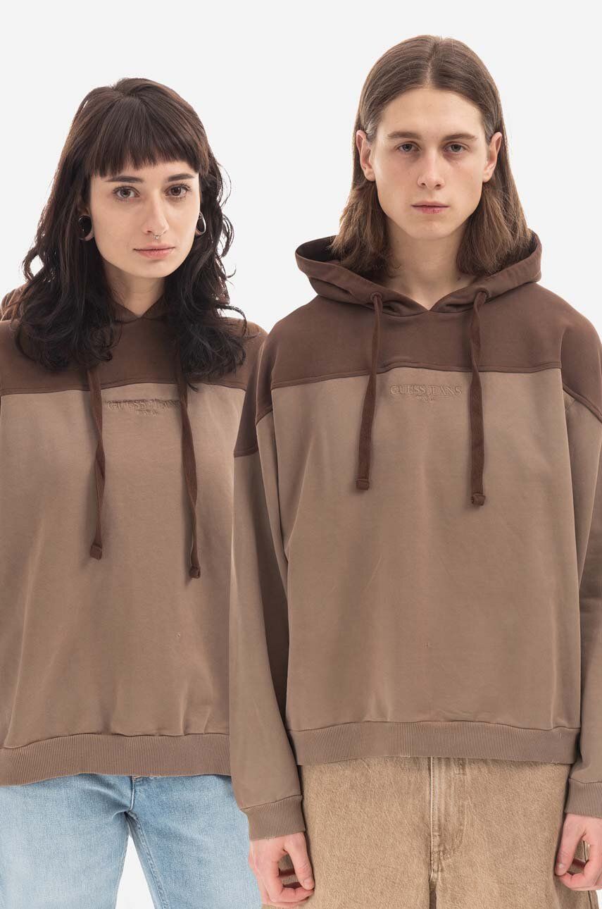 Βαμβακερή μπλούζα Guess χρώμα: καφέ, με κουκούλα, Bluza GUESS USA Two Tone Hoodie M2BQ02KBB40 A119 F3Bluza GUESS USA Two Tone Hoodie M2BQ02KBB40 A119