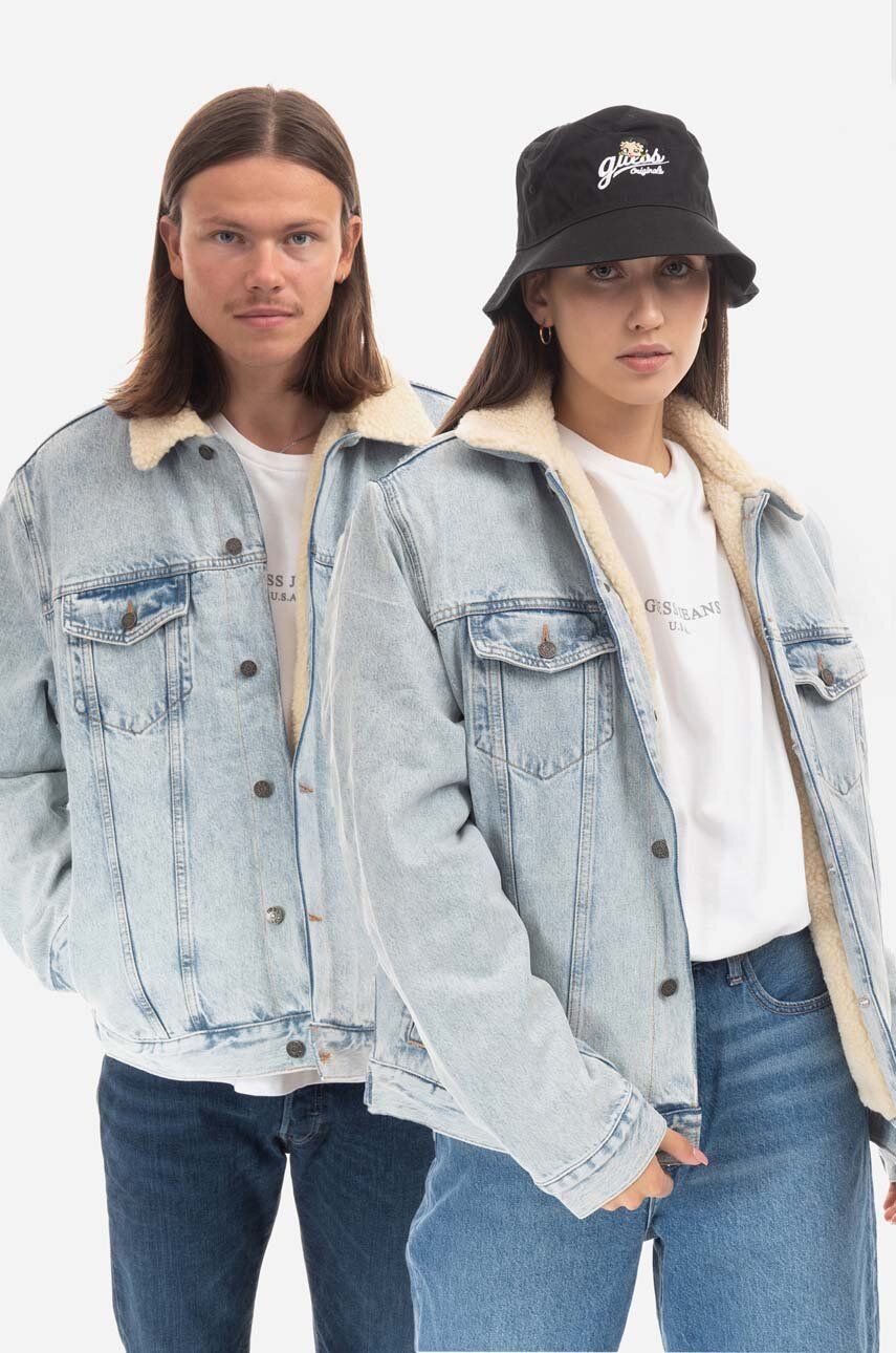 Τζιν μπουφάν Guess ανδρικό, Kurtka GUESS USA Gusa Blue Denim Sherpa Jacket M2BN00D4S10 F9JJ