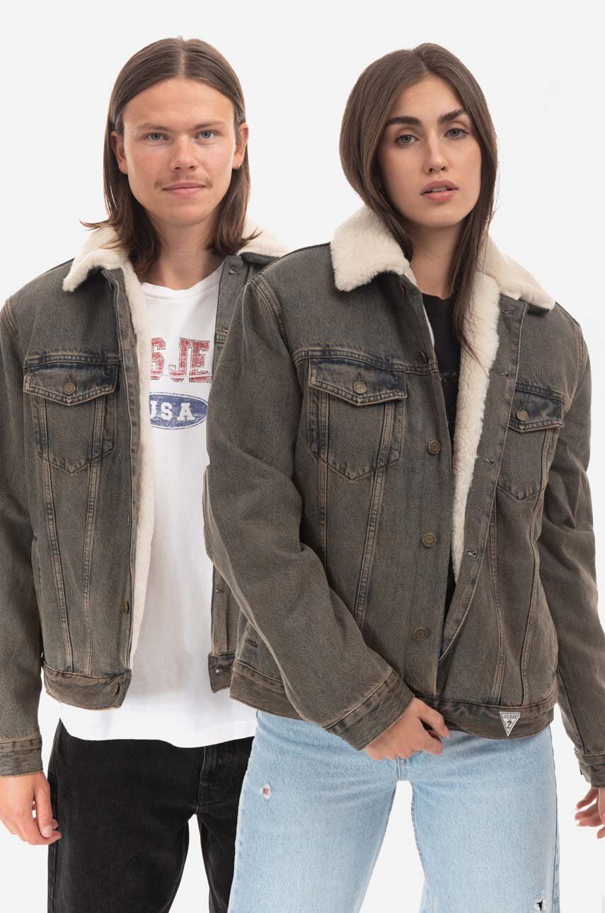 Τζιν μπουφάν Guess ανδρικό, χρώμα: καφέ, Kurtka GUESS USA Gusa Tinted Sherpa Jacket M2BN01D4S10 F9JA