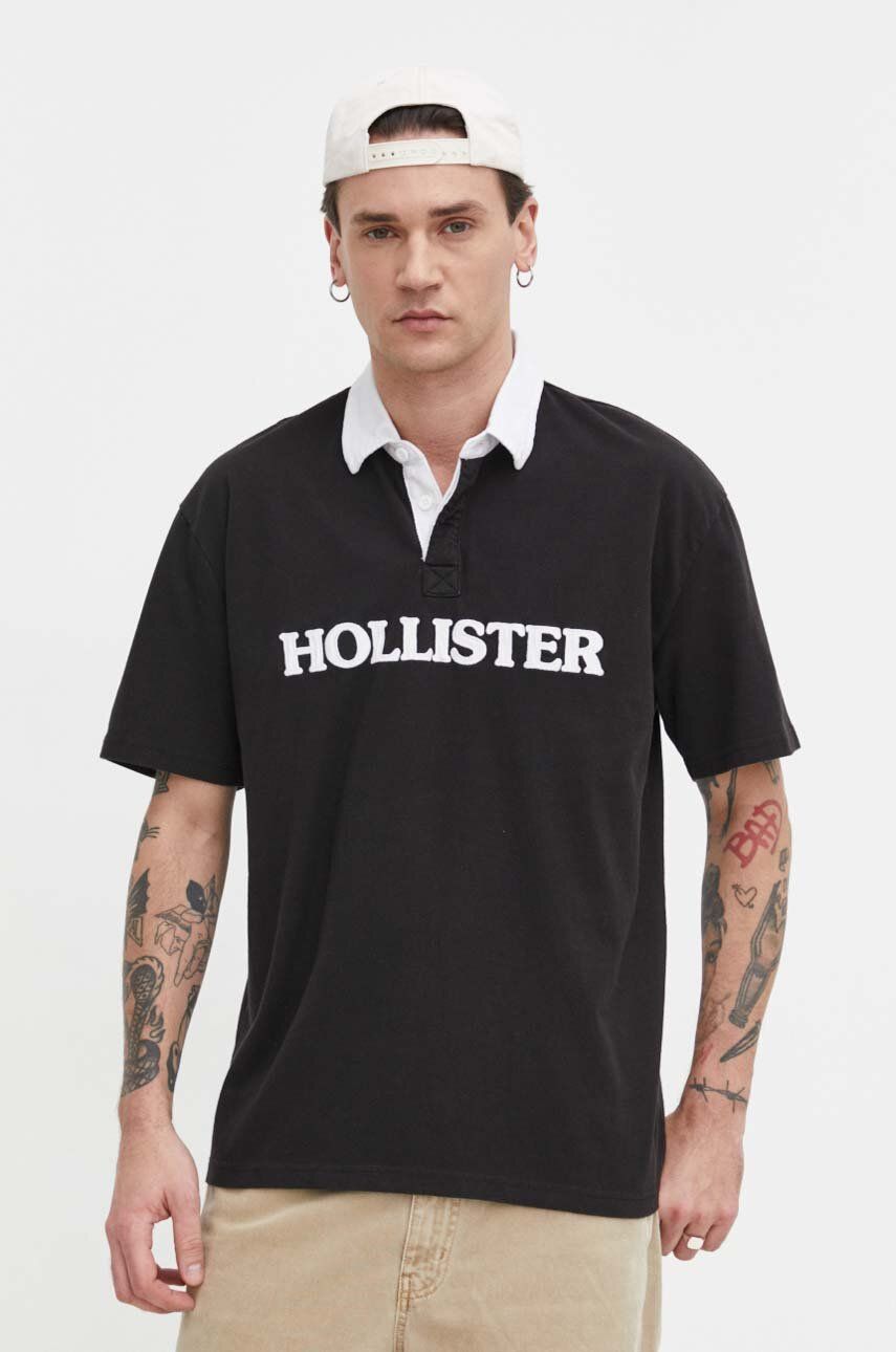 Βαμβακερό μπλουζάκι πόλο Hollister Co. χρώμα: μαύρο