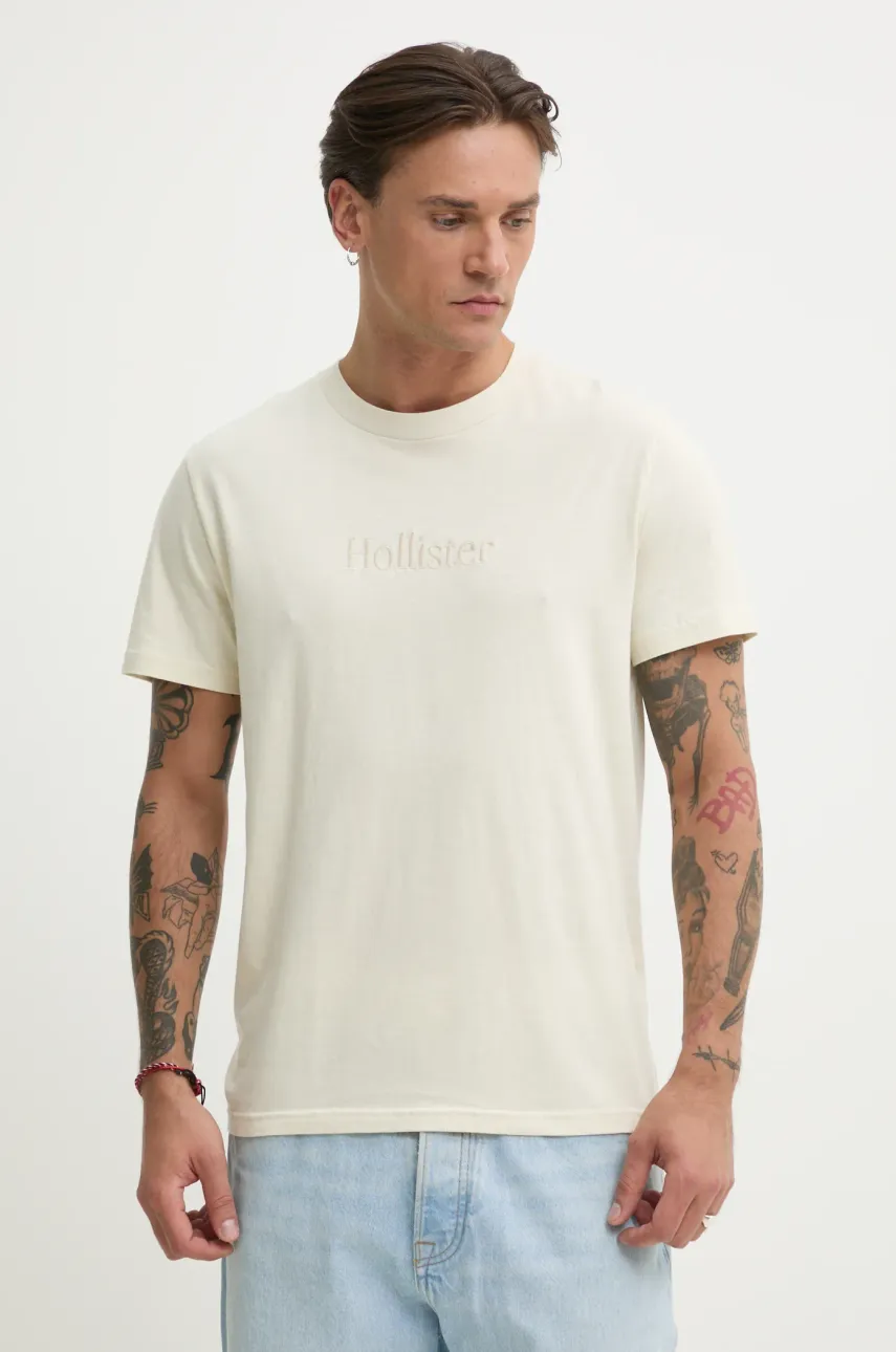 Βαμβακερό μπλουζάκι Hollister Co. ανδρικό, χρώμα: μπεζ, KI323-5134