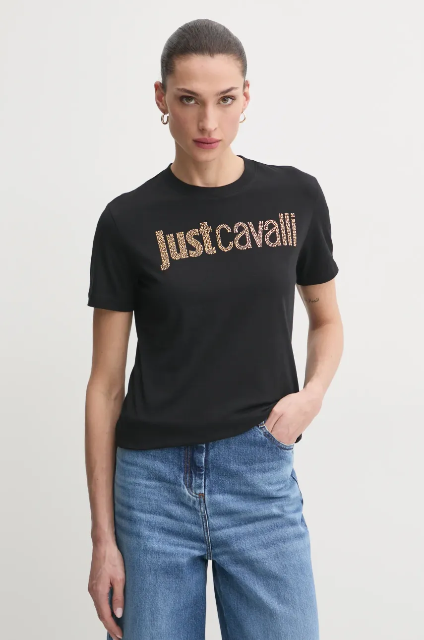 Βαμβακερό μπλουζάκι Just Cavalli γυναικείο, χρώμα: μαύρο, 78PAHE15 CJ110