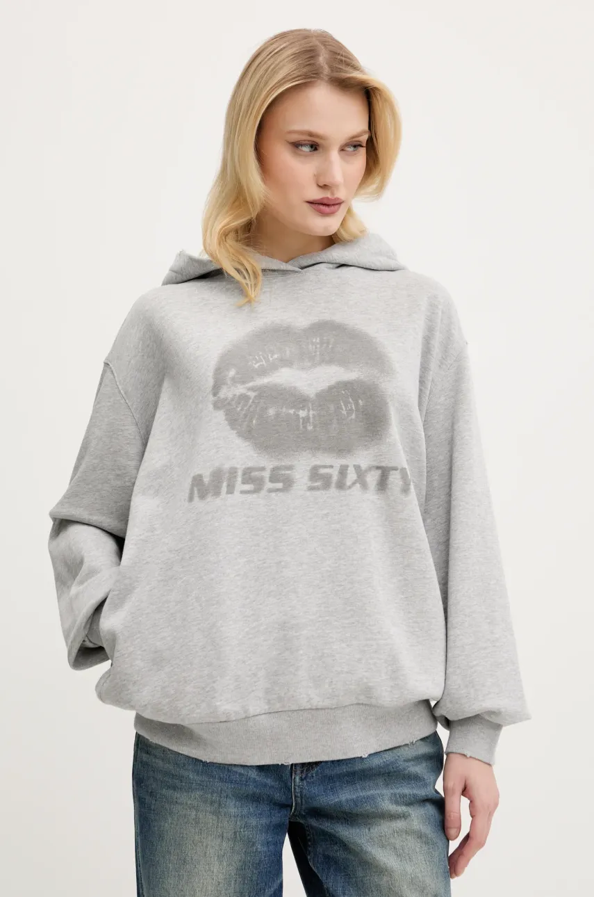 Βαμβακερή μπλούζα Miss Sixty γυναικεία, χρώμα: γκρι, με κουκούλα, 6S1TJ59900