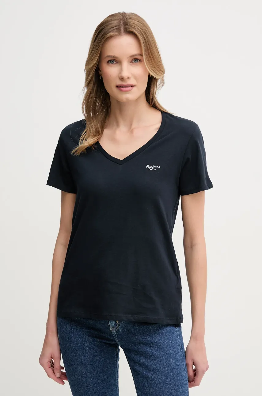 Βαμβακερό μπλουζάκι Pepe Jeans MACY V-NECK γυναικείο, χρώμα: ναυτικό μπλε, PL506051