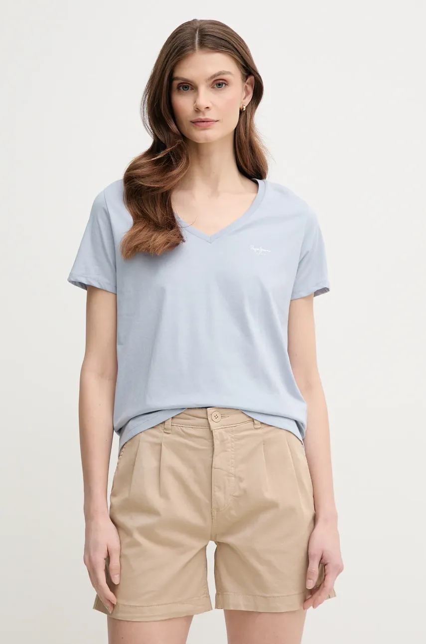 Βαμβακερό μπλουζάκι Pepe Jeans MACY V-NECK γυναικείο, χρώμα: μπλε, PL506051