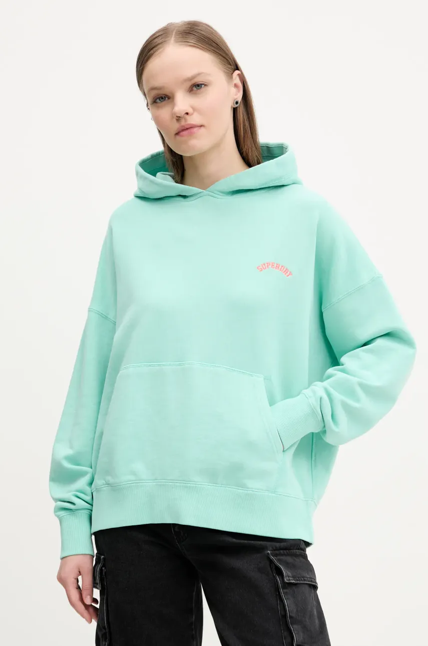Βαμβακερή μπλούζα Superdry γυναικεία, χρώμα: τιρκουάζ, με κουκούλα, W2012281A-2MD