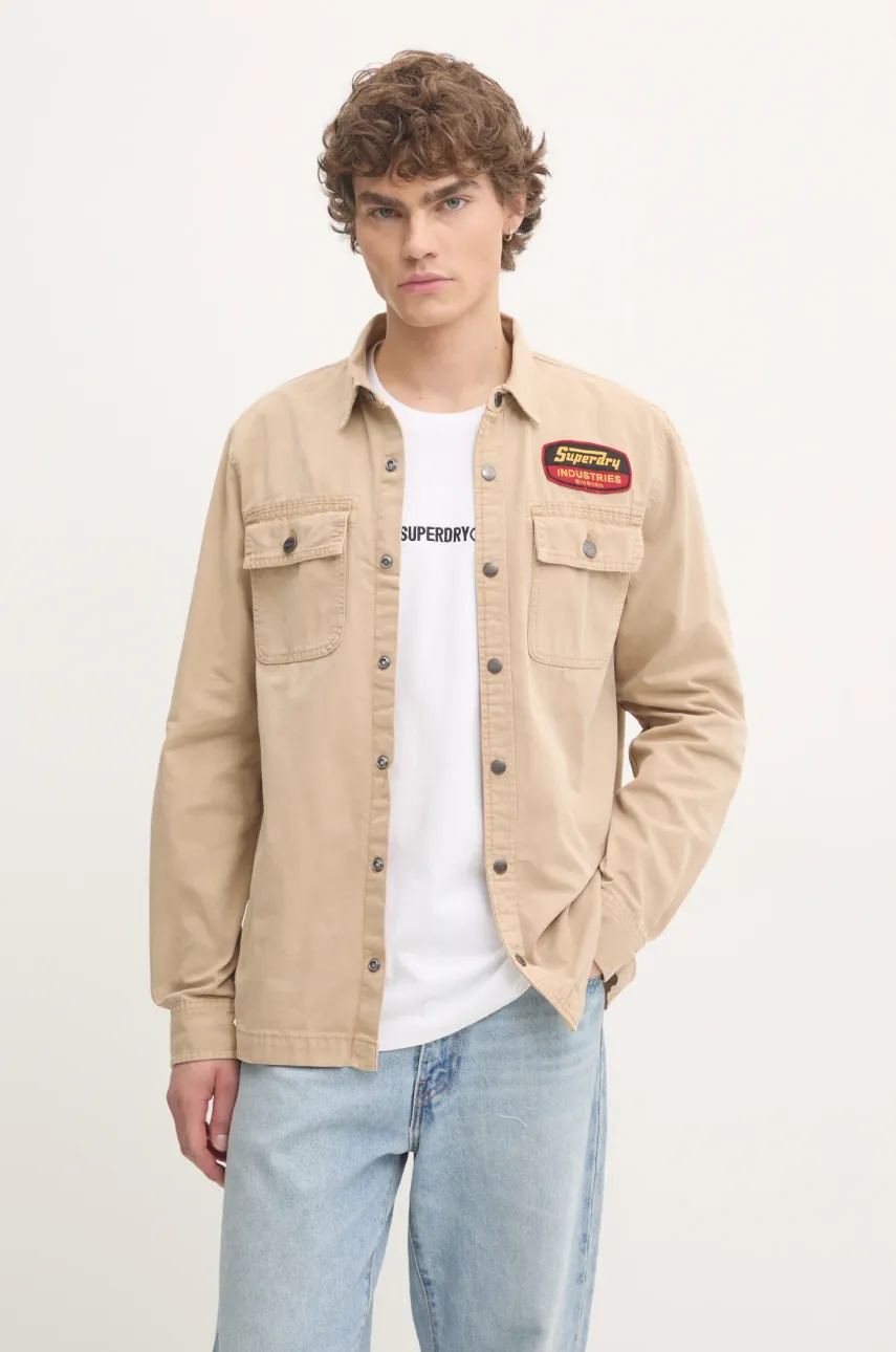 Βαμβακερό πουκάμισο Superdry ανδρικό, χρώμα: μπεζ, M4010891A-5YE