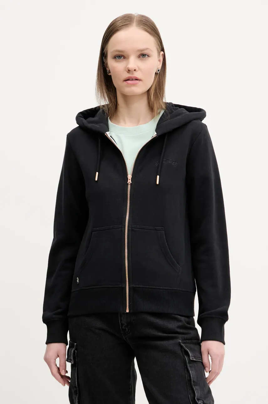 Βαμβακερή μπλούζα Superdry γυναικεία, χρώμα: μαύρο, με κουκούλα, W2012358A-02A