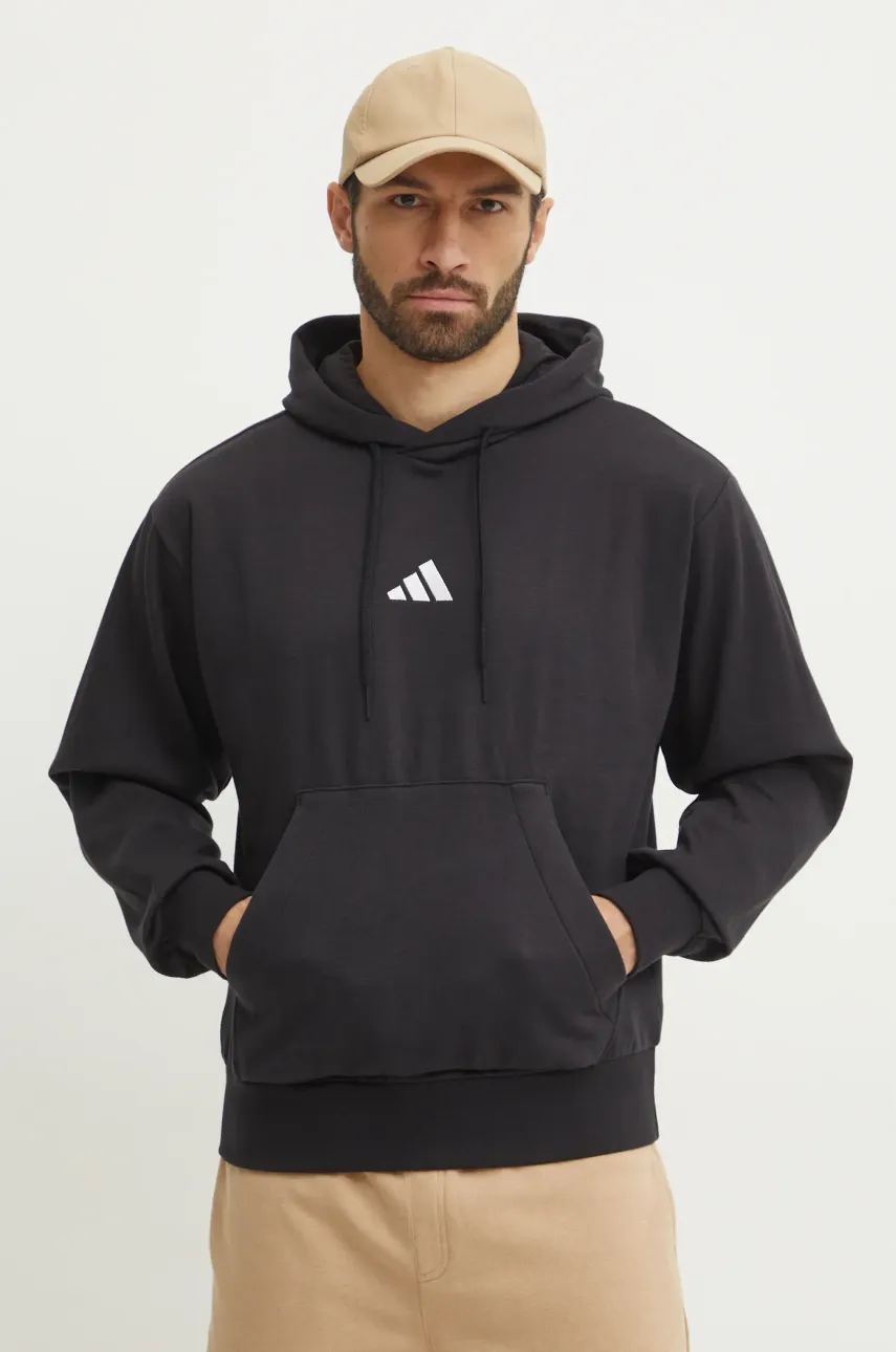 Μπλούζα adidas Feelcozy χρώμα: μαύρο, με κουκούλα, JE3807