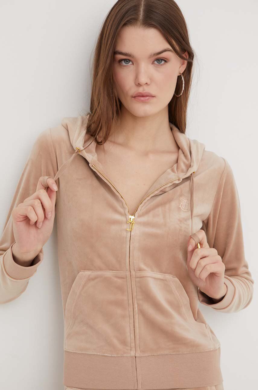 Βελούδινη μπλούζα Juicy Couture χρώμα: μπεζ, με κουκούλα