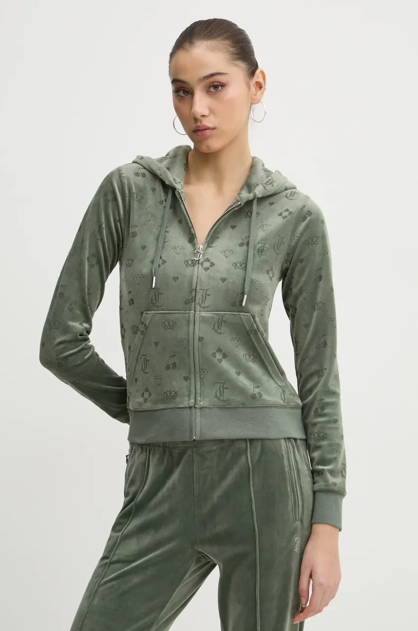 Βελούδινη μπλούζα Juicy Couture χρώμα: πράσινο, με κουκούλα, JCWAS125302