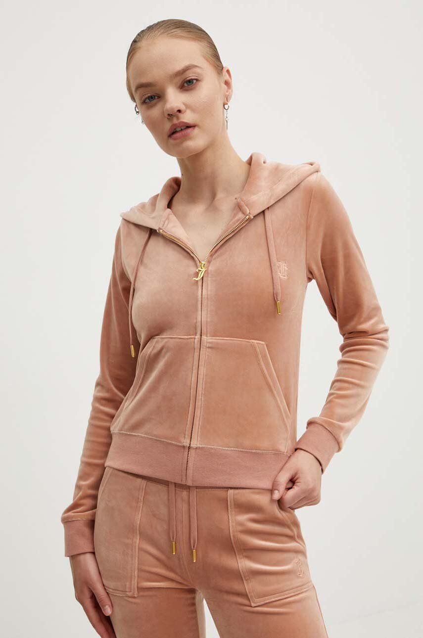 Βελούδινη μπλούζα Juicy Couture ROBERTSON GOLD χρώμα: μπεζ, με κουκούλα, JCAP176G