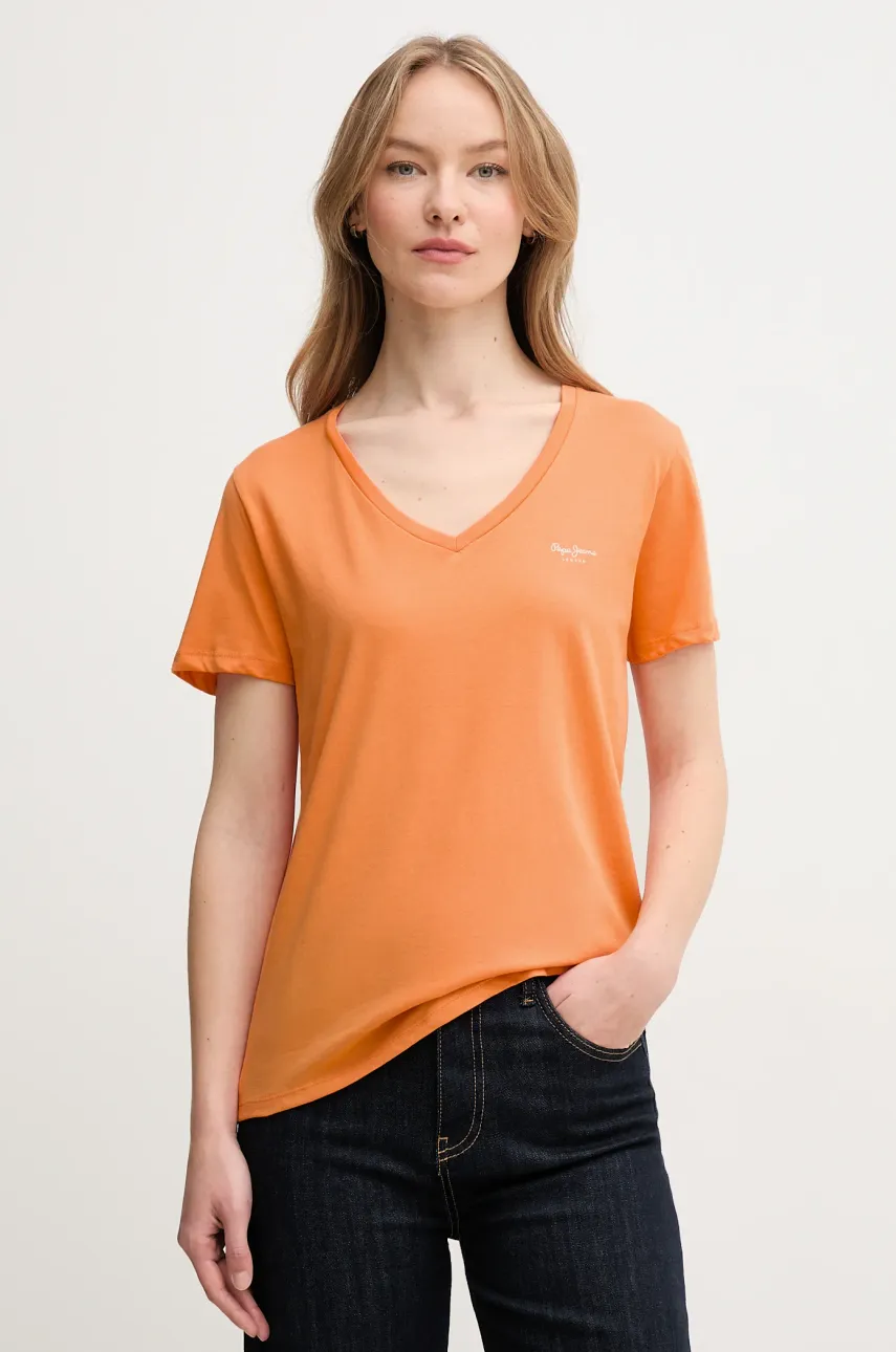 Βαμβακερό μπλουζάκι Pepe Jeans MACY V-NECK γυναικείο, χρώμα: πορτοκαλί, PL506051
