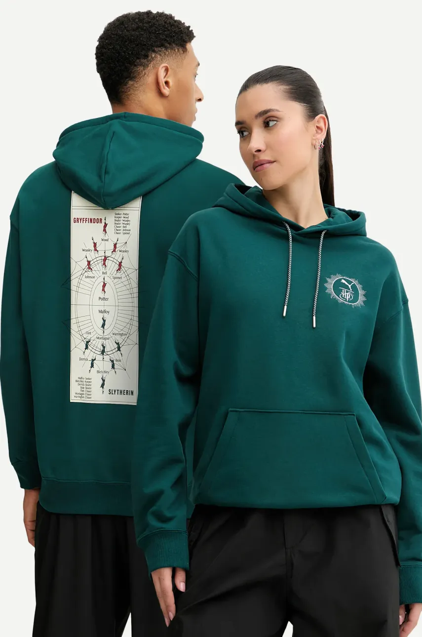 Βαμβακερή μπλούζα Puma PUMA x HARRY POTTER χρώμα: πράσινο, με κουκούλα, 630093