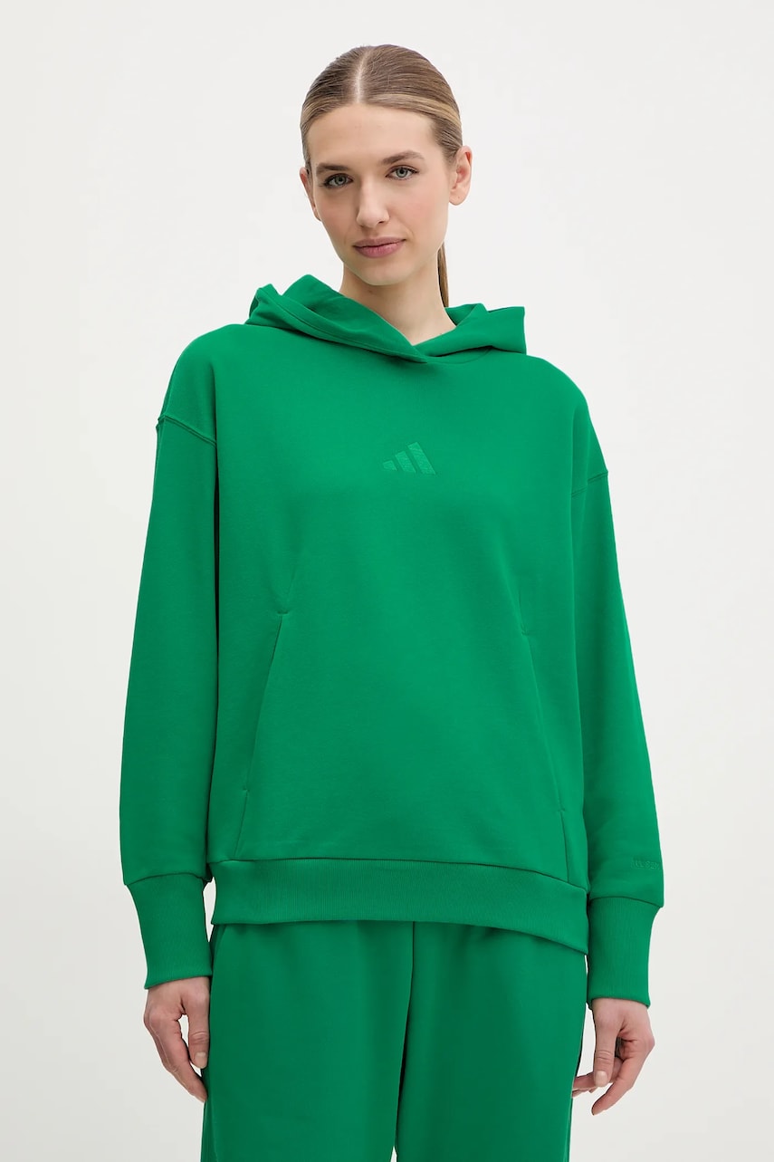Βαμβακερή μπλούζα adidas ALL SZN γυναικεία, χρώμα: πράσινο, με κουκούλα, JD4719