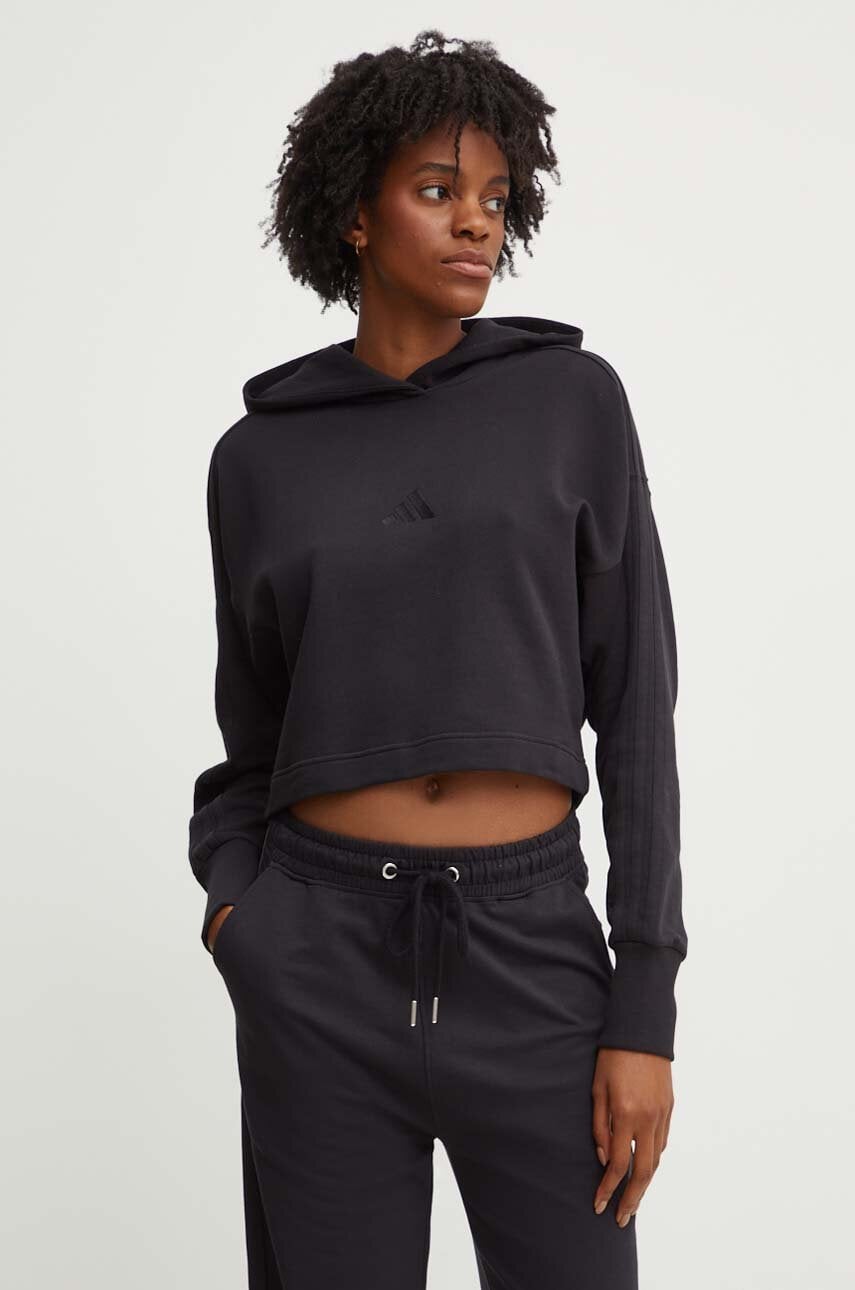 Βαμβακερή μπλούζα adidas All SZN γυναικεία, χρώμα: μαύρο, με κουκούλα, JI9104
