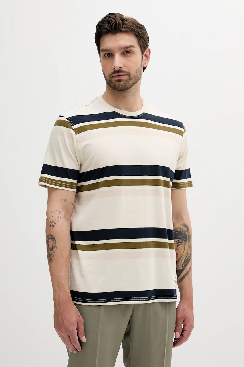 Βαμβακερό μπλουζάκι Barbour Golborne Stripe Relaxed Fit T-Shirt ανδρικό, χρώμα: μπεζ, MTS1409