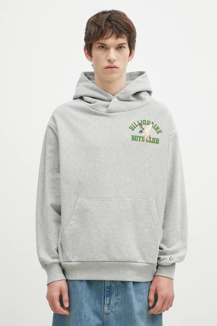 Billionaire Boys Club βαμβακερό φούτερ Duck Varsity Embroidered Popover Hood ανδρικό, χρώμα:@ γκρι με κουκούλα με απλικέ B24451