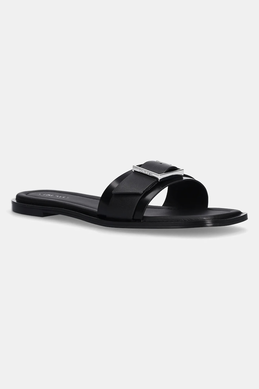 Δερμάτινες παντόφλες Calvin Klein FLAT SLIDE W/BUCKLE - LTH γυναικείες, χρώμα: μαύρο, HW0HW02490