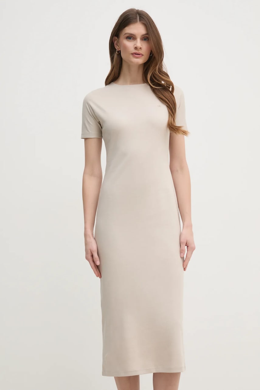 Βαμβακερό φόρεμα Calvin Klein χρώμα: μπεζ, K20K208299