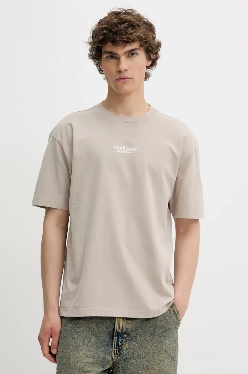 Βαμβακερό μπλουζάκι Hollister Co. ανδρικά, χρώμα: μπεζ, KI323-5007