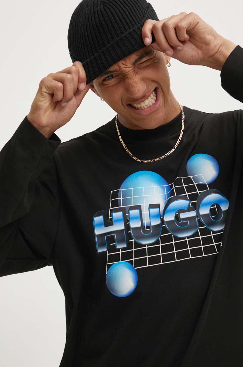 Βαμβακερή μπλούζα με μακριά μανίκια Hugo Blue χρώμα: μαύρο, 50519060