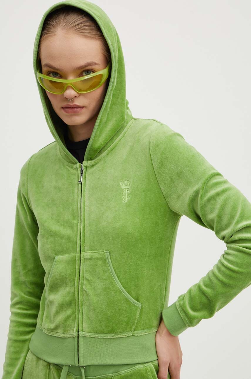 Βελούδινη μπλούζα Juicy Couture HERITAGE ROBYN HOODIE χρώμα: πράσινο, με κουκούλα, JCSEBJ007