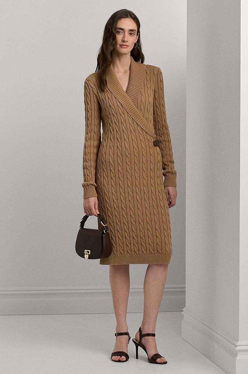 Βαμβακερό φόρεμα Lauren Ralph Lauren χρώμα: μπεζ, 200808259