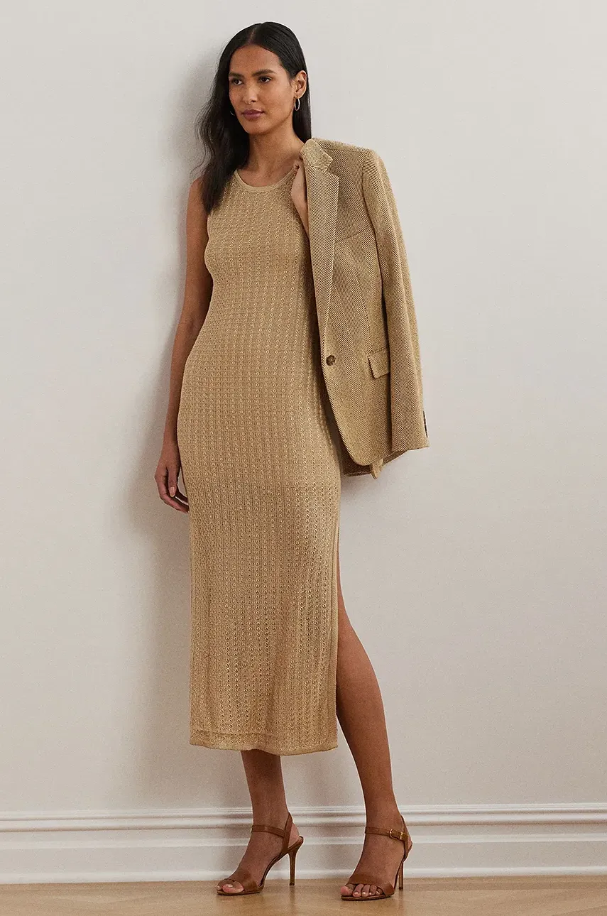 Λινό φόρεμα Lauren Ralph Lauren χρώμα: μπεζ, 200963647