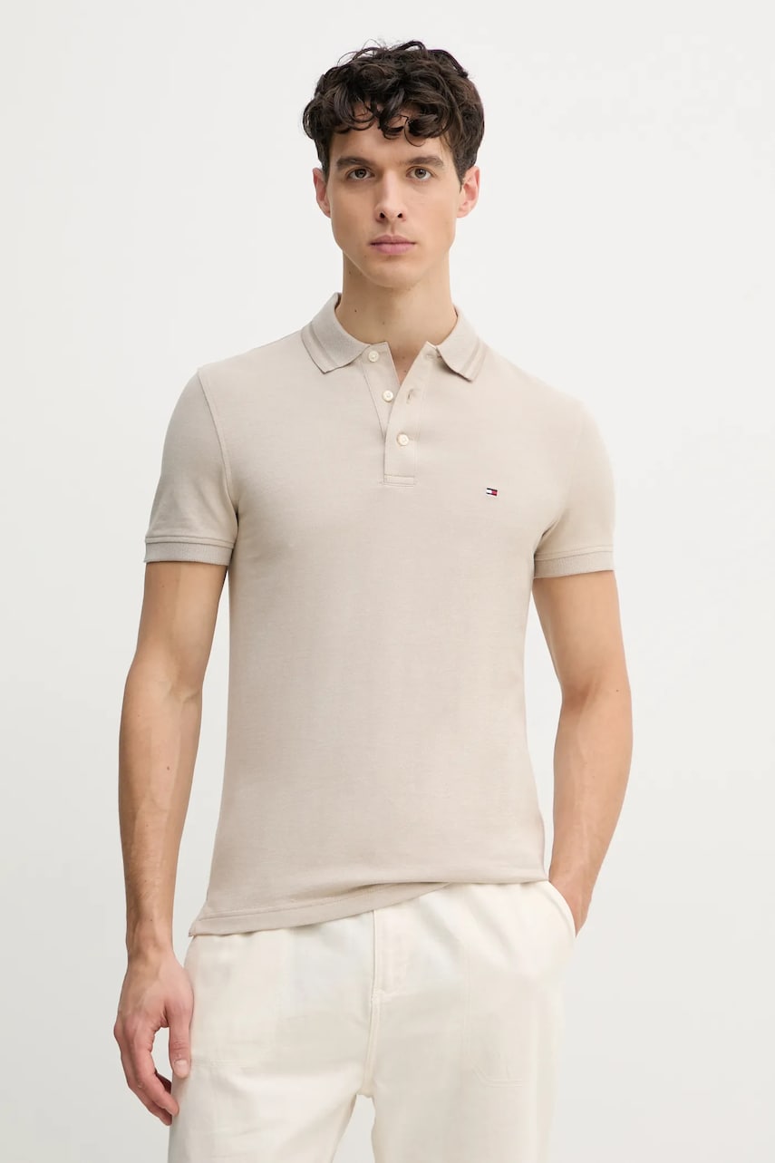 Βαμβακερό μπλουζάκι πόλο Tommy Hilfiger χρώμα: μπεζ