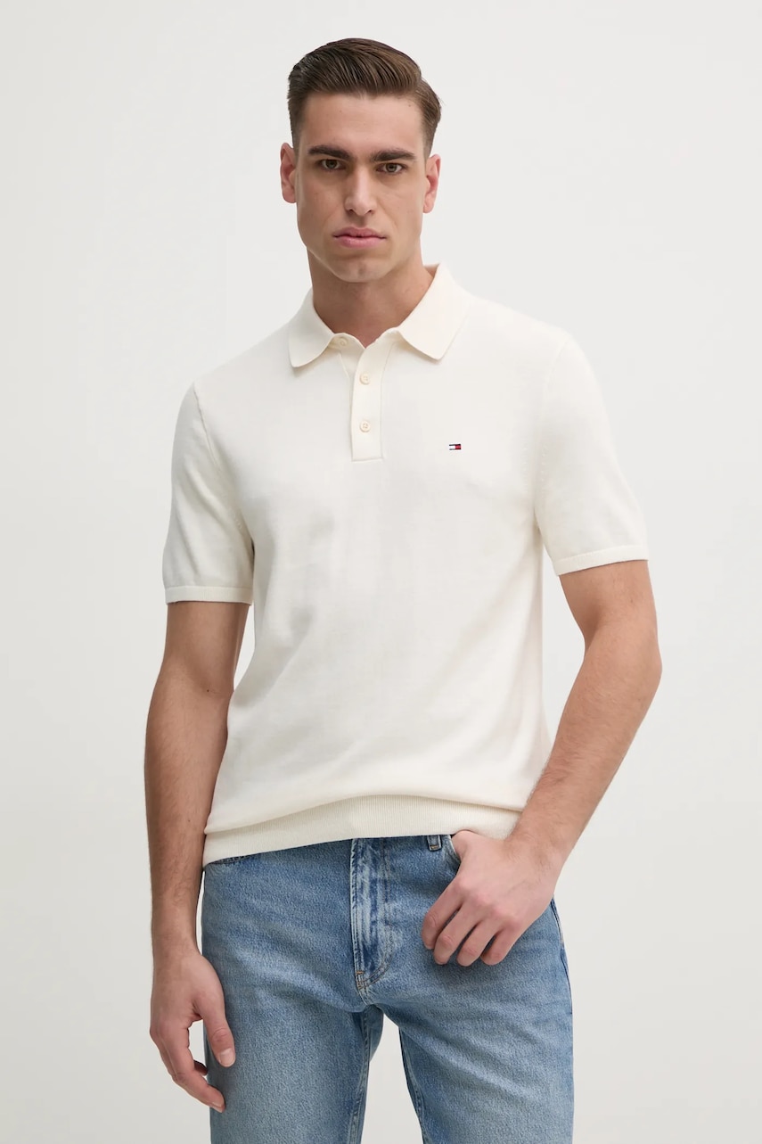 Βαμβακερό μπλουζάκι πόλο Tommy Hilfiger ανδρικό, χρώμα: μπεζ, MW0MW37396