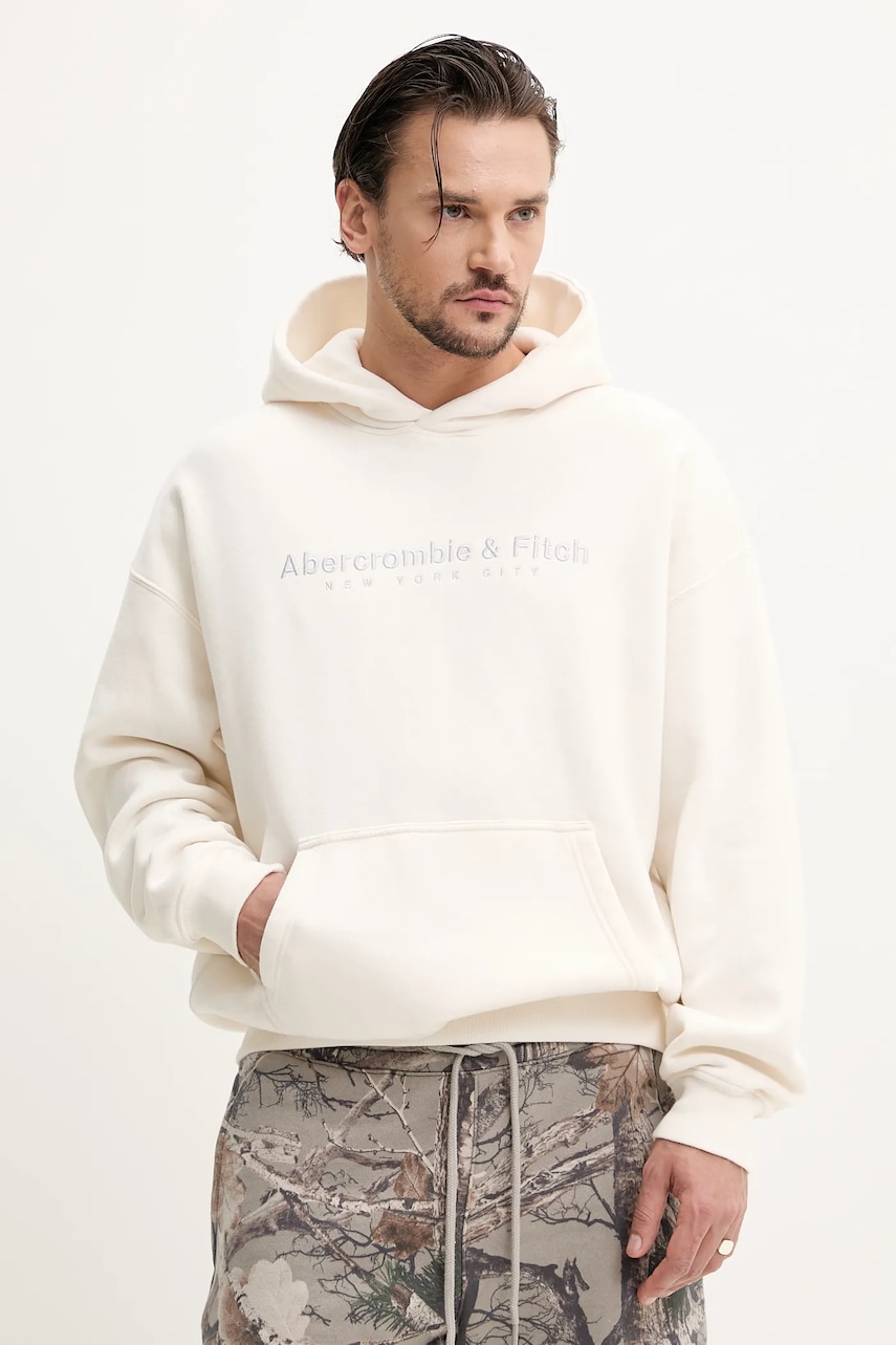 Μπλούζα Abercrombie & Fitch χρώμα: μπεζ, με κουκούλα, KI175-5121