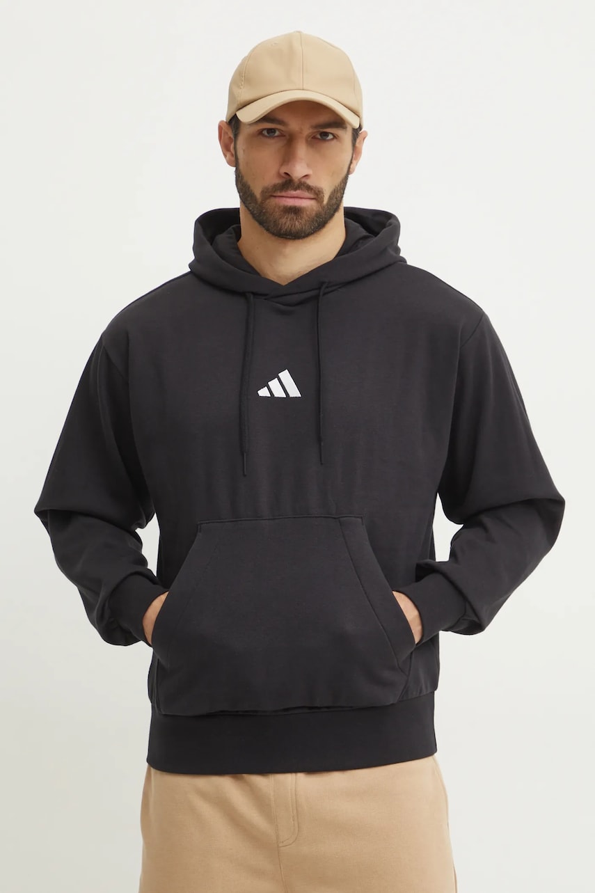 Μπλούζα adidas Feelcozy χρώμα: μαύρο, με κουκούλα, JE3807