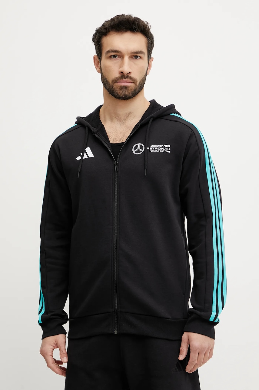 Μπλούζα adidas x Mercedes χρώμα: μαύρο, με κουκούλα, JV5437