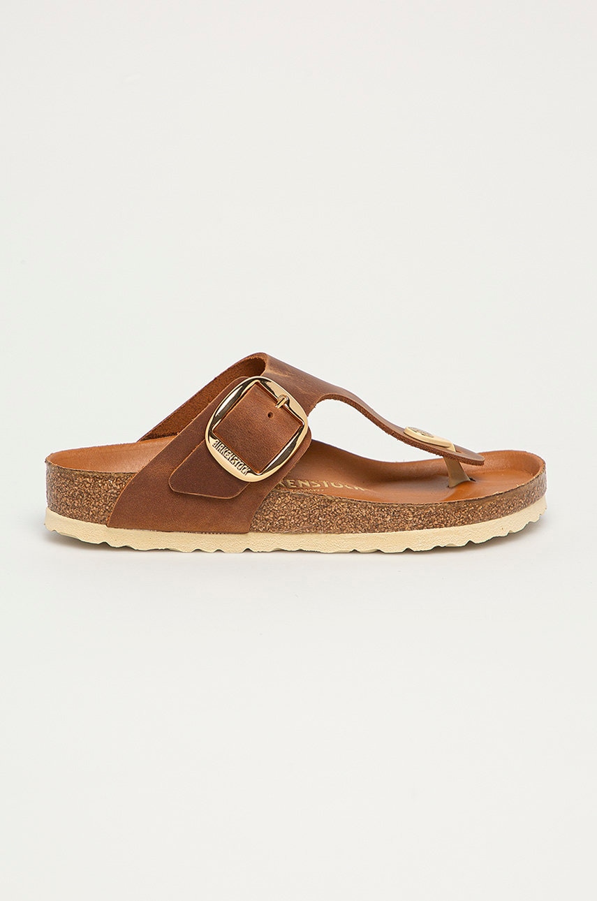 Δερμάτινες σαγιονάρες Birkenstock Gizeh Big Buckle γυναικείες, χρώμα: καφέ, 1018745