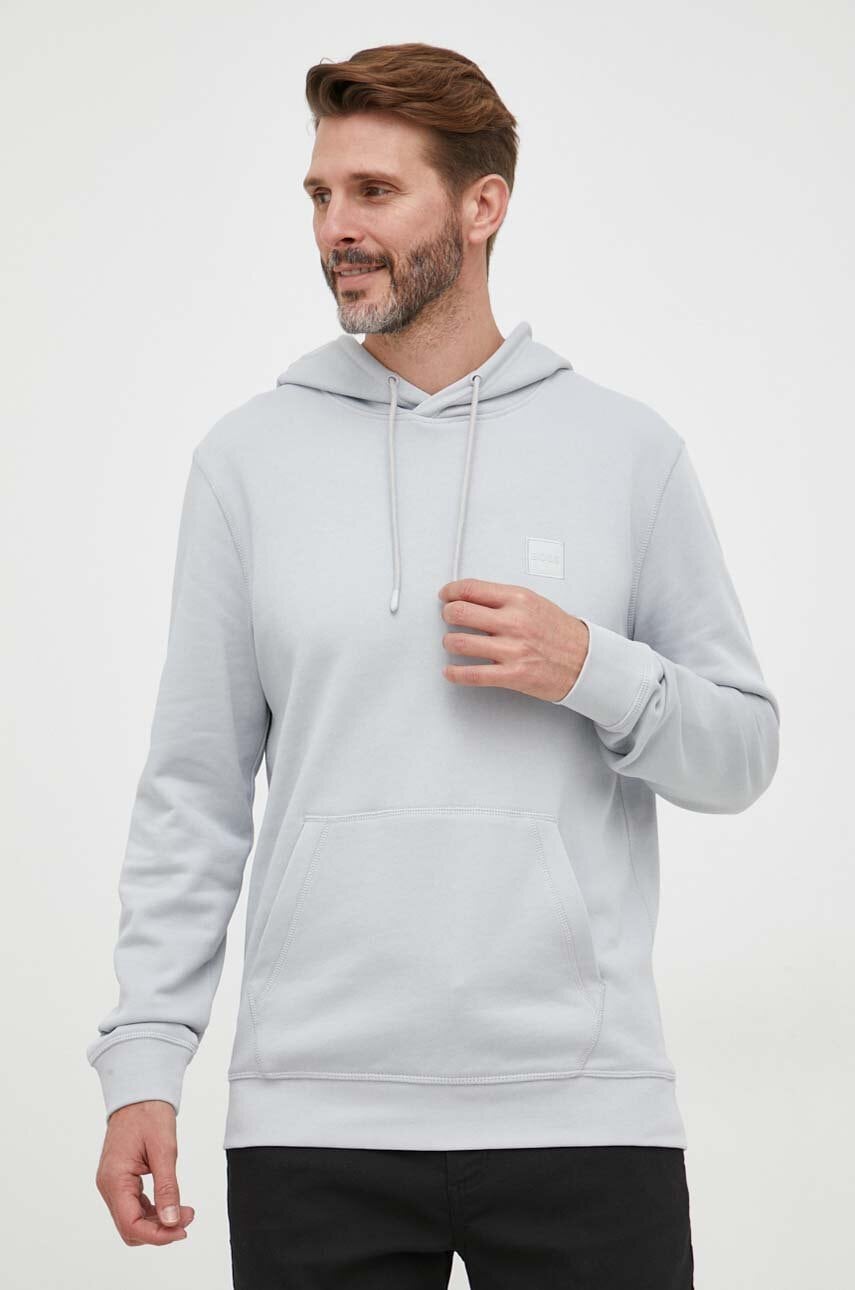 Βαμβακερή μπλούζα BOSS BOSS CASUAL χρώμα: γκρι, με κουκούλα