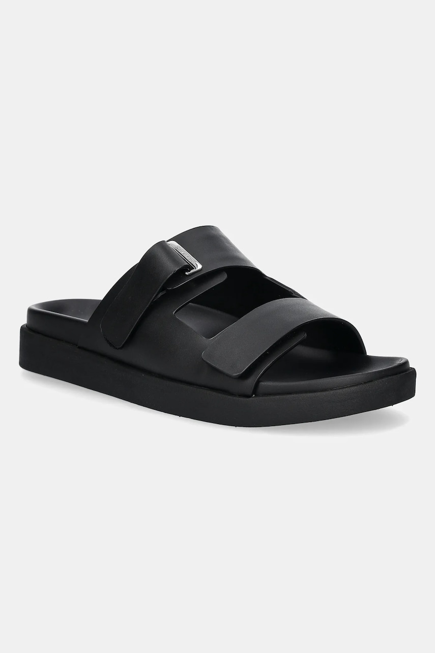 Δερμάτινες παντόφλες Calvin Klein FLAT ADJ SLIDE EYELET γυναικείες, χρώμα: μαύρο, HW0HW02489