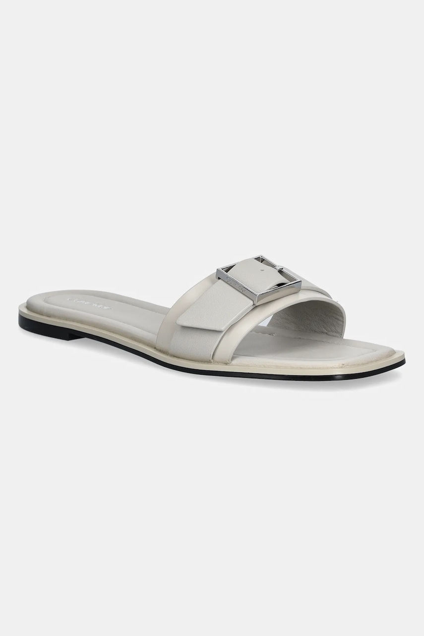 Δερμάτινες παντόφλες Calvin Klein FLAT SLIDE W/BUCKLE - LTH γυναικείες, χρώμα: μπεζ, HW0HW02490