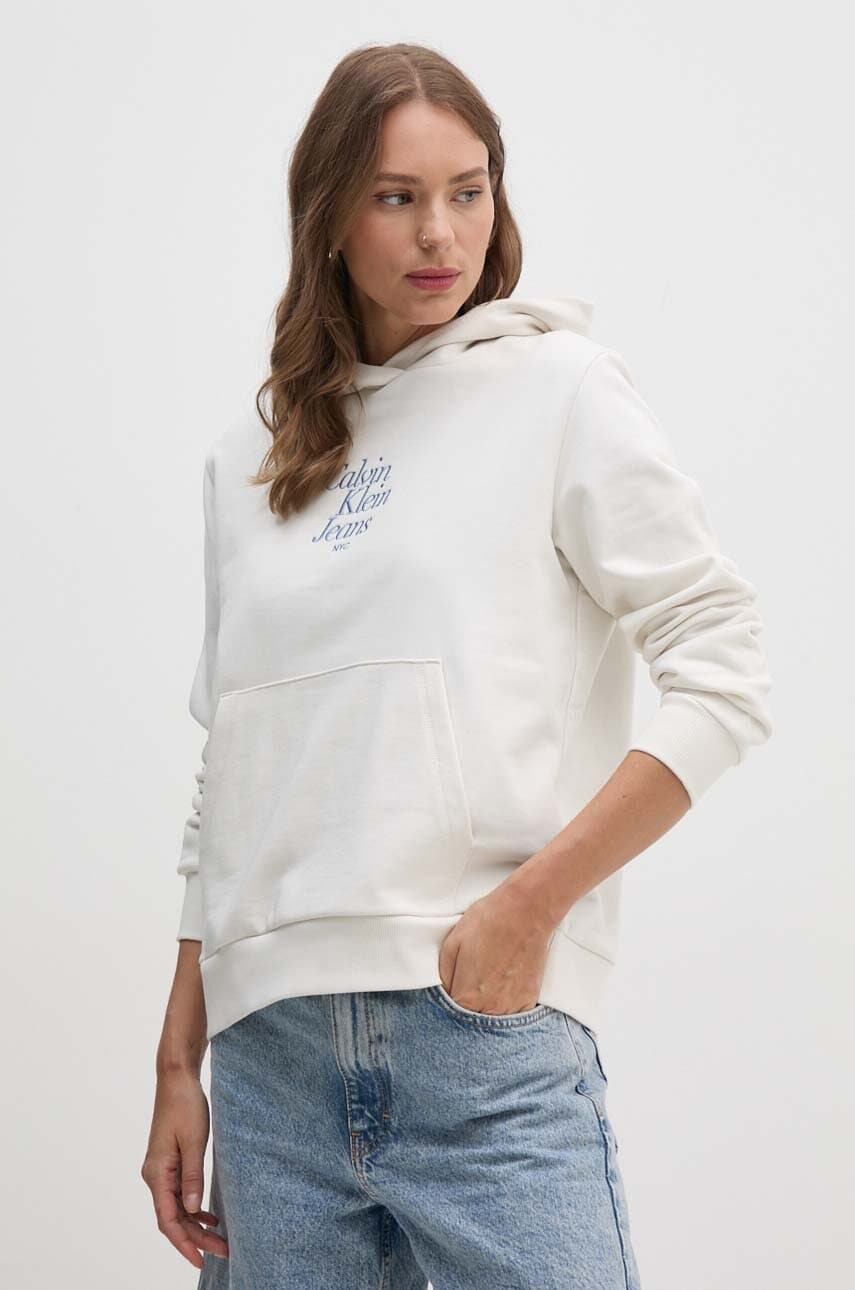 Βαμβακερή μπλούζα Calvin Klein Jeans γυναικεία, χρώμα: μπεζ, με κουκούλα, J20J224893