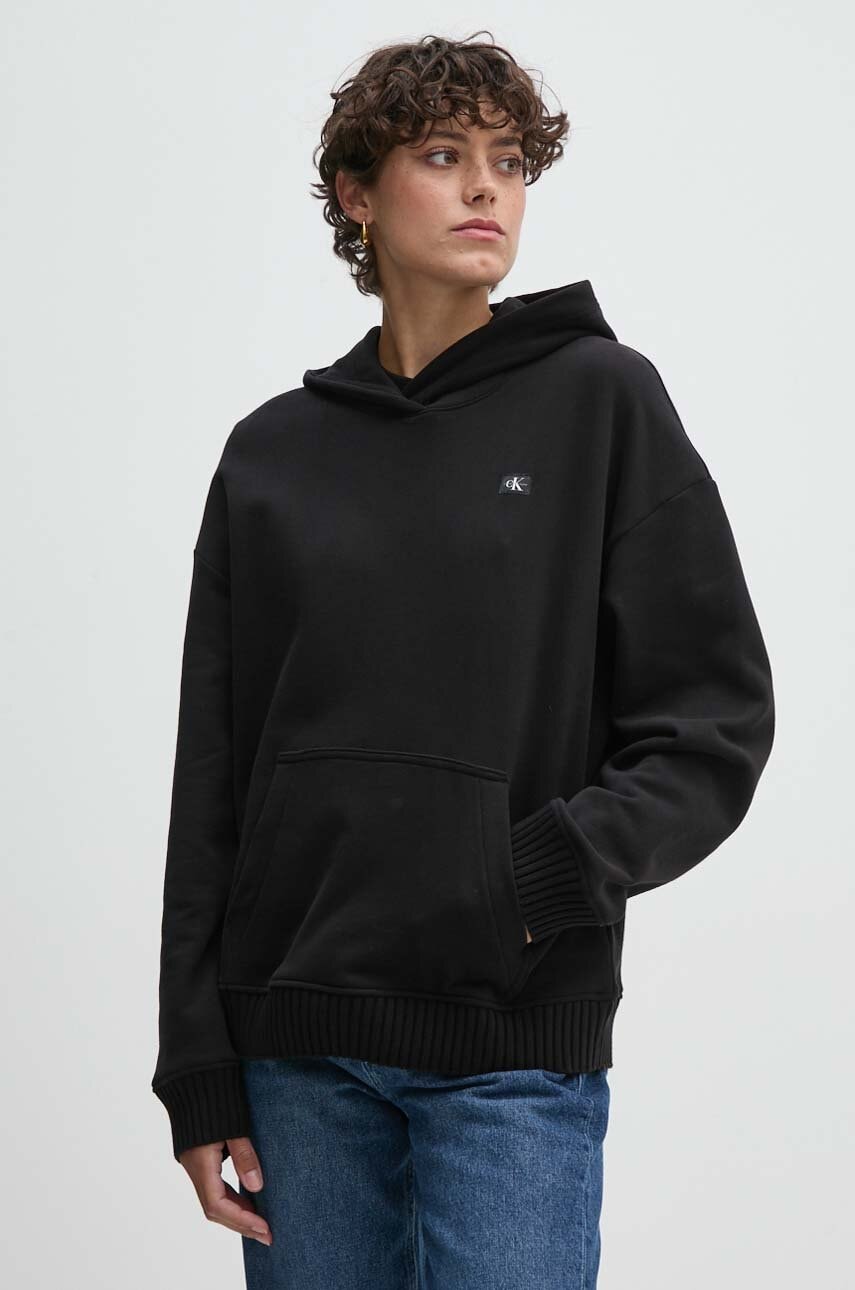 Βαμβακερή μπλούζα Calvin Klein Jeans γυναικεία, χρώμα: μαύρο, με κουκούλα, J20J224173