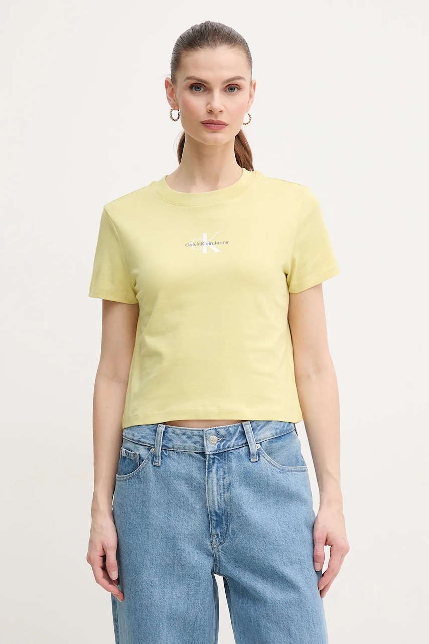 Βαμβακερό μπλουζάκι Calvin Klein Jeans γυναικείο, χρώμα: κίτρινο, J20J223113