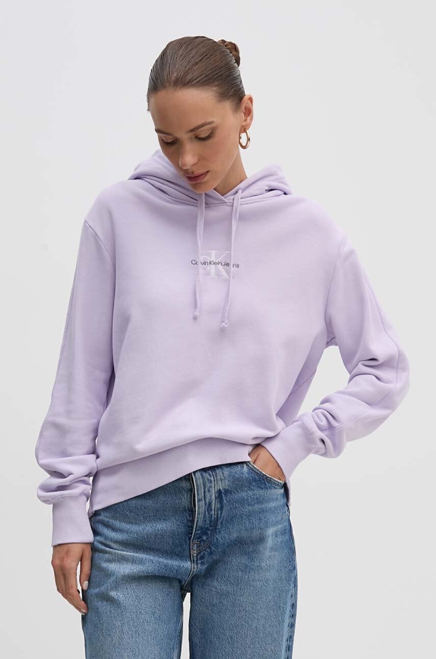 Βαμβακερή μπλούζα Calvin Klein Jeans χρώμα: μοβ, με κουκούλα, J20J223534
