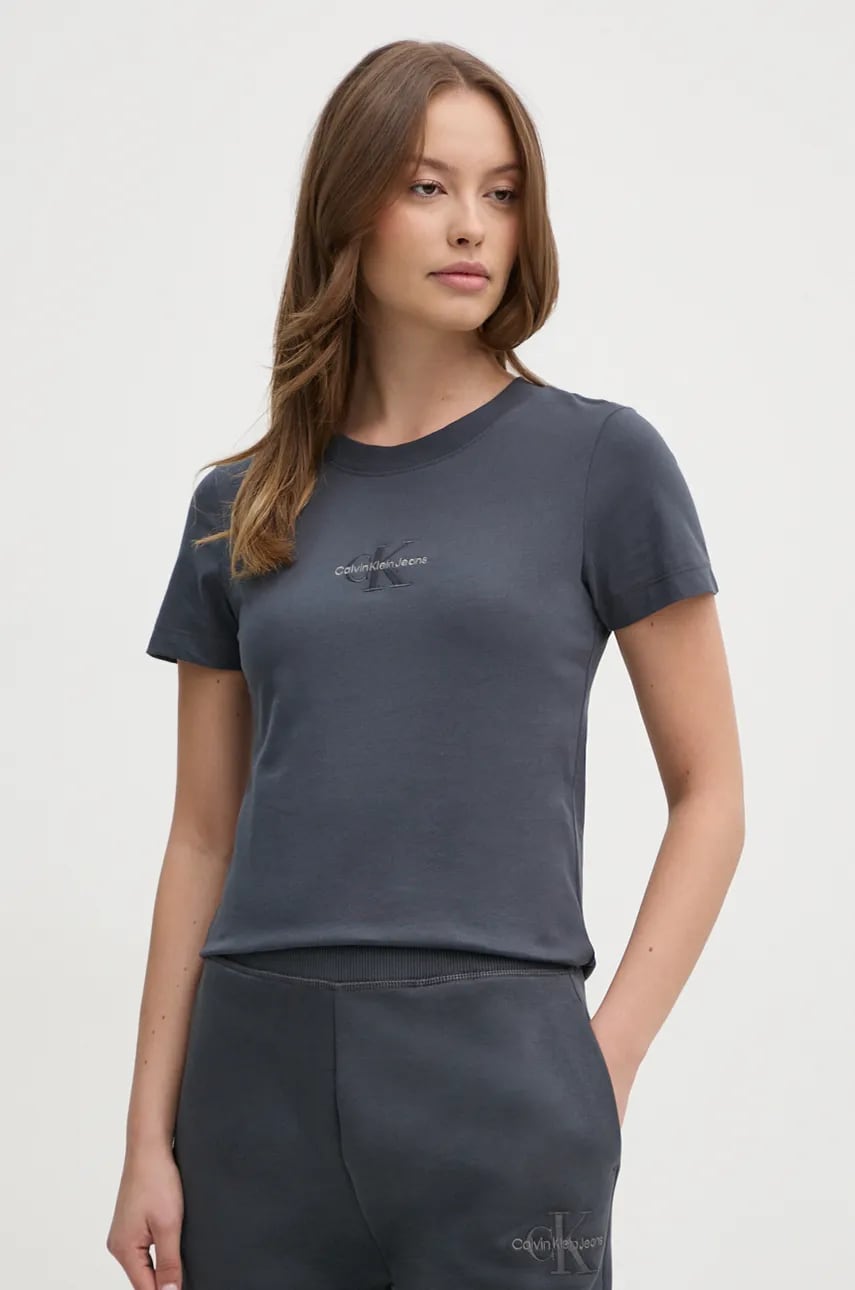 Βαμβακερό μπλουζάκι Calvin Klein Jeans γυναικείο, χρώμα: γκρι, J20J223563