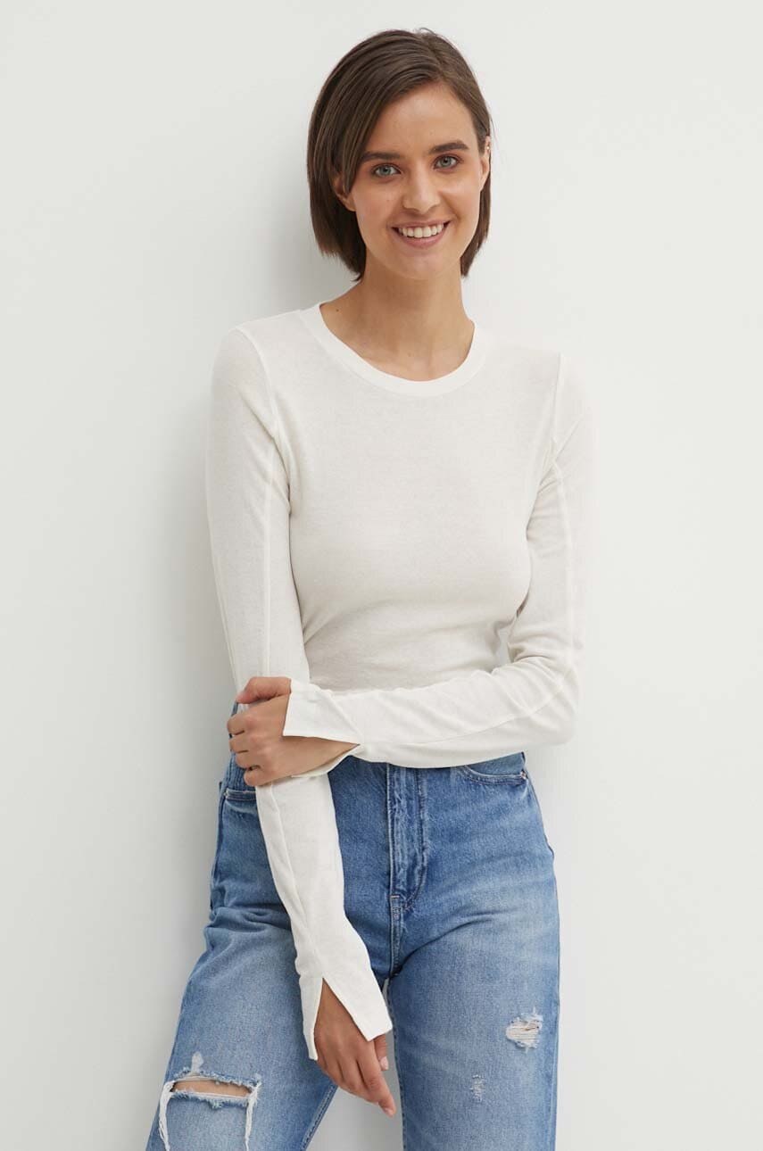Βαμβακερή μπλούζα με μακριά μανίκια Calvin Klein Jeans χρώμα: μπεζ, J20J224335